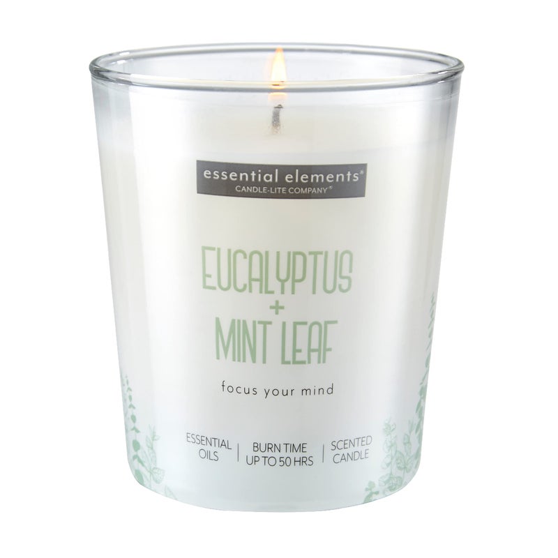 CANDLE-LITE Essential Elements by Candle-lite Scented Candles Eucalyptus & Mint Leaf Fragrance, One 9 oz. Single-Wick Aromatherapy Candle with 50 Hours of Burn Time, Off-White Color - Image 1